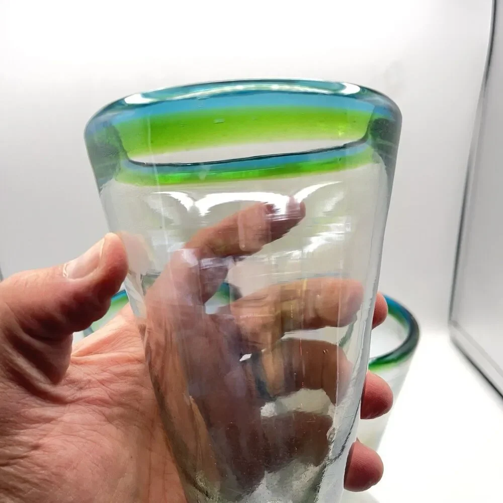 Three Hand Blown Stemware V-Shaped Glasses All Iridescent Green & Blue Band